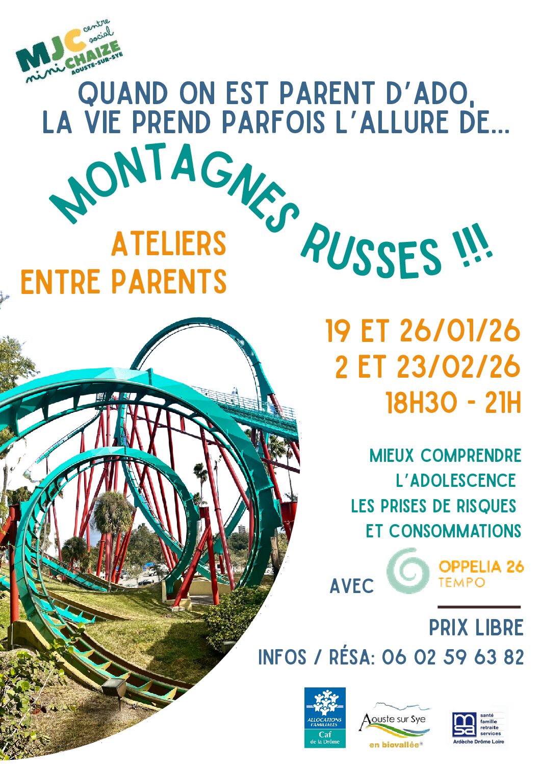 Ateliers entre parents : Les montagnes russes, mieux comprendre l&rsquo;adolescence, les prises de risques et consommations.